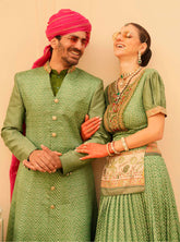 Exclusive latest Light Green designer Lehenga & Top  in pure pv silk and foil print with detailed embroidery, hand and mirror work